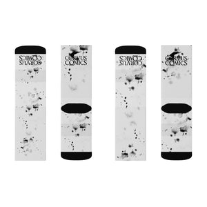 Corvus Comics | White Socks with logo and Splatter | Sublimation Socks