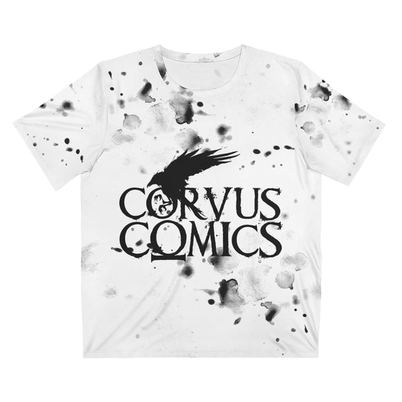 Corvus Comics | Logo with Bird and Splatter | Unisex AOP Cut & Sew T-Shirt