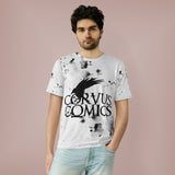 Corvus Comics | Logo with Bird and Splatter | Unisex AOP Cut & Sew T-Shirt