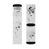 Corvus Comics | White Socks with logo and Splatter | Sublimation Socks