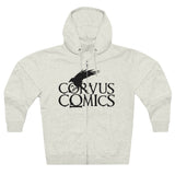 Corvus Comics | Grey Logo with Bird | Unisex Premium Full Zip Hoodie